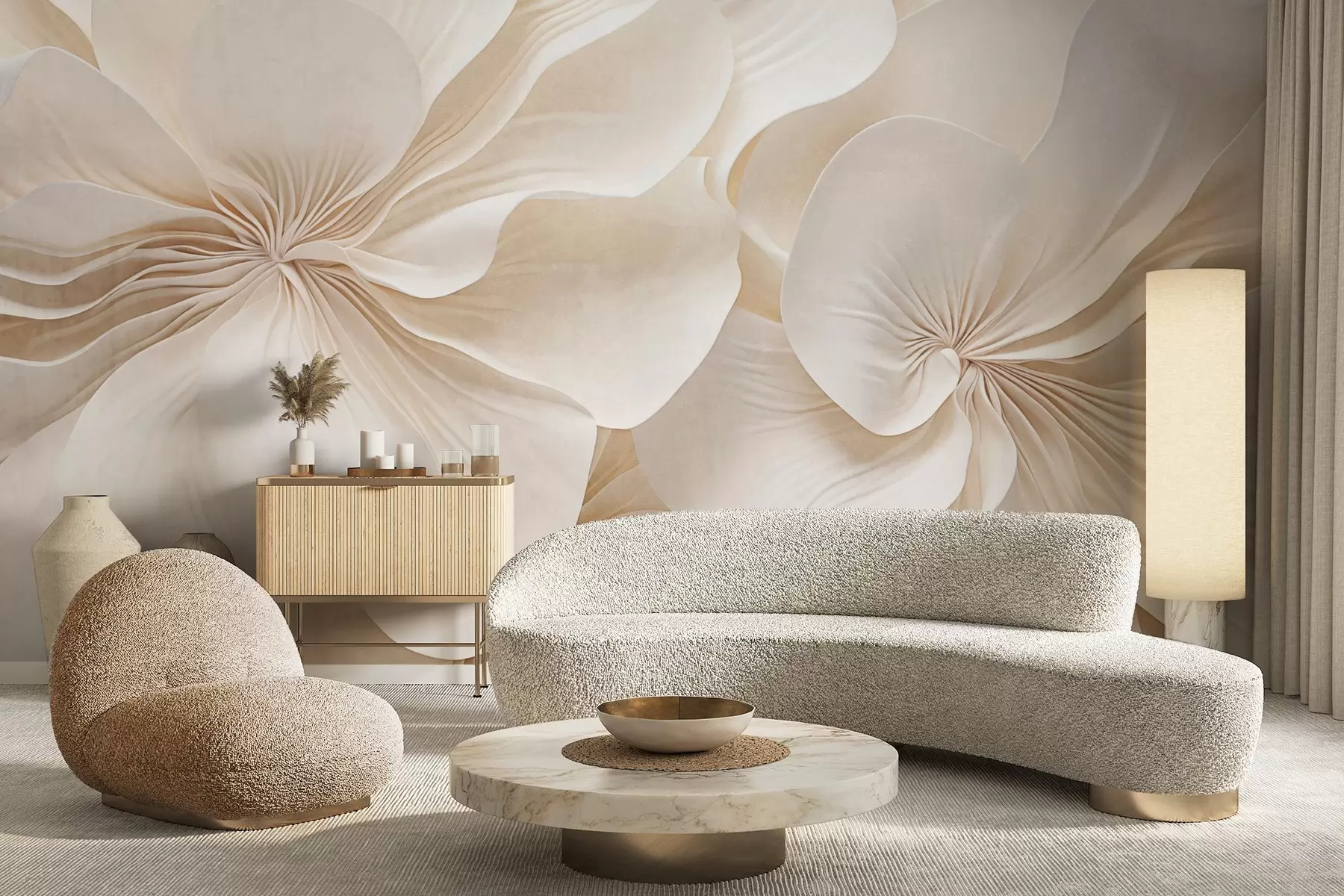 fototapet Close-up de flori cu textură cremoasă, cu petale delicate, care curg, creând un aranjament floral moale, elegant și texturat w09346