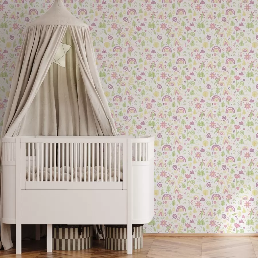 fototapet Desen pentru copii cu curcubee, flori și copaci a00296