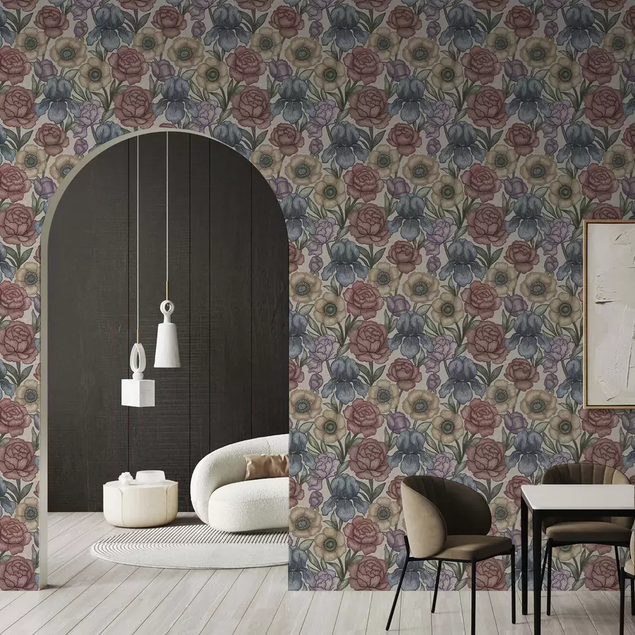 fototapet Ilustrații florale mari cu iriși și bujori a00325