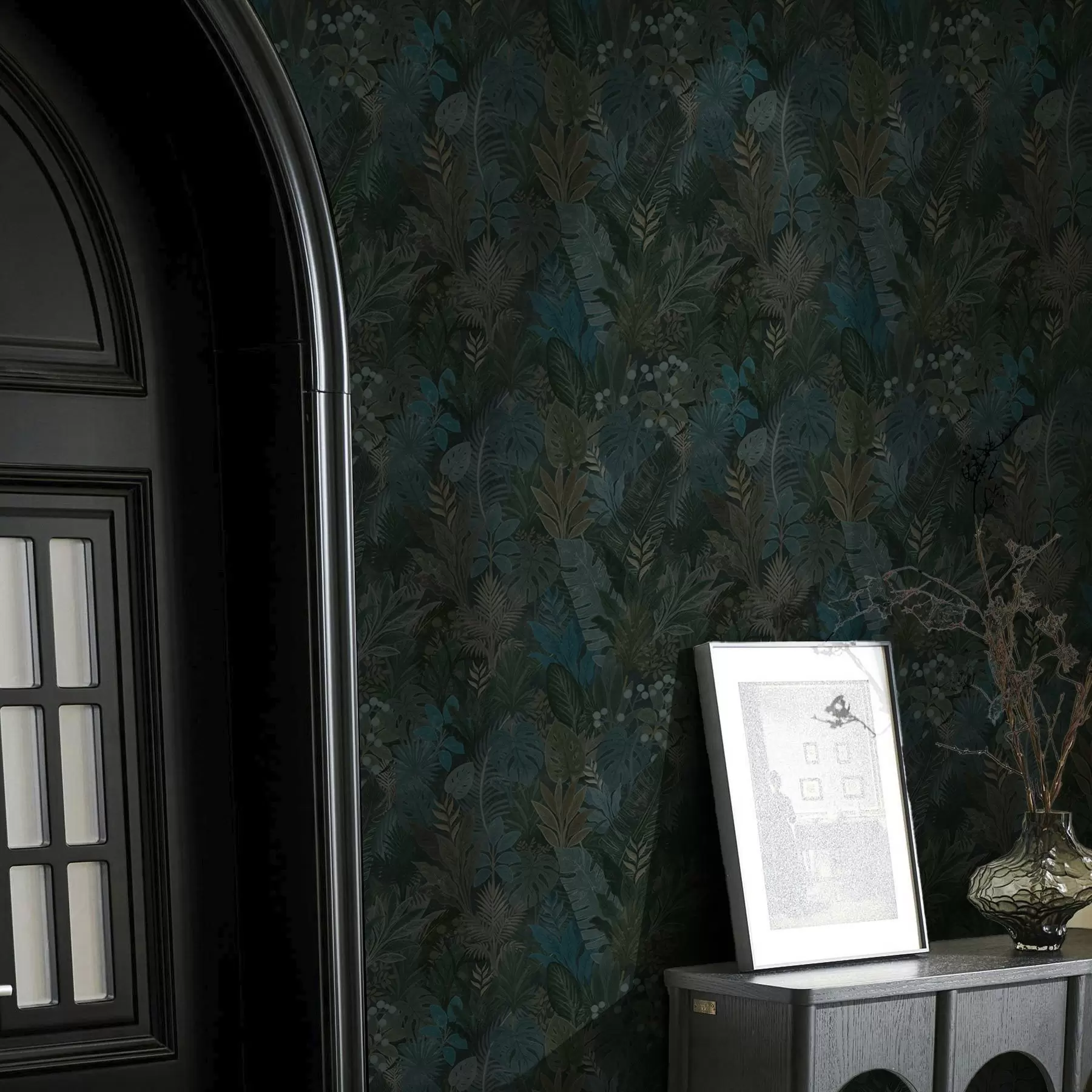 fototapet Frunziș tropical verde închis cu accente albastre a00327