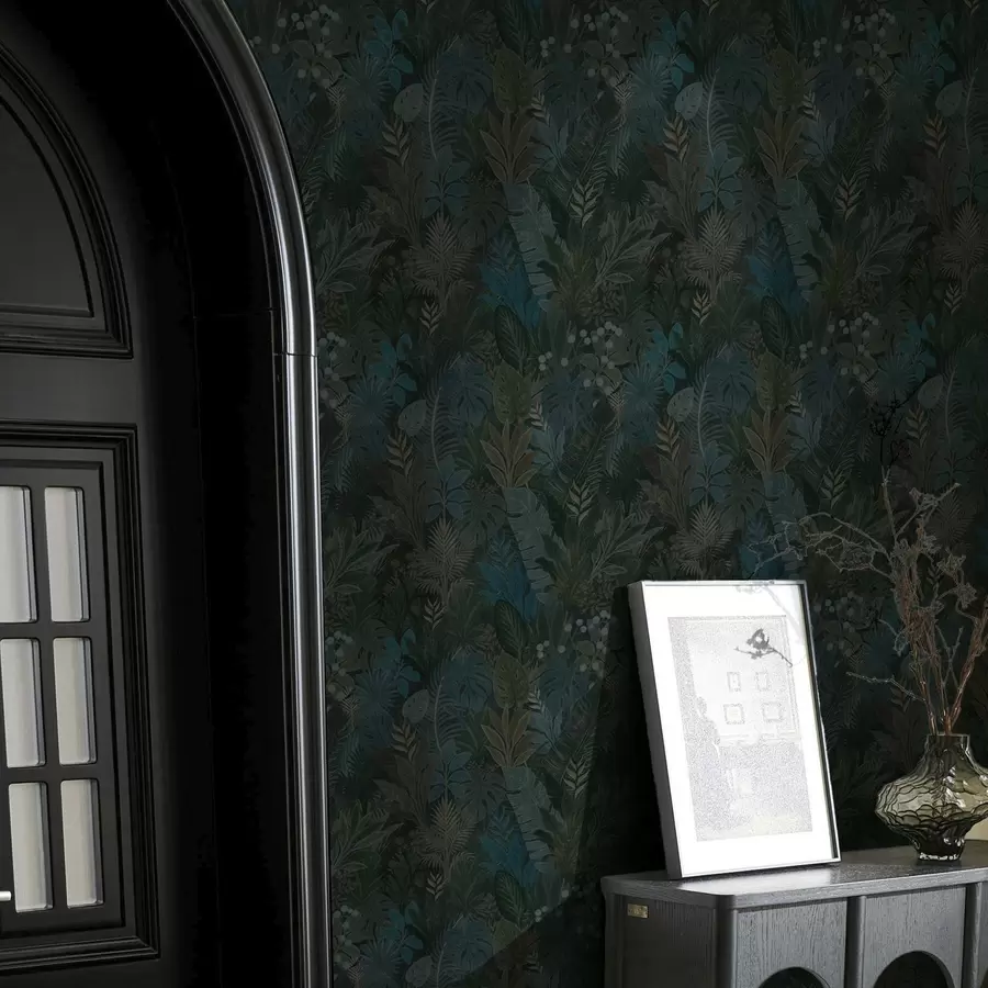 fototapet Frunziș tropical verde închis cu accente albastre a00327