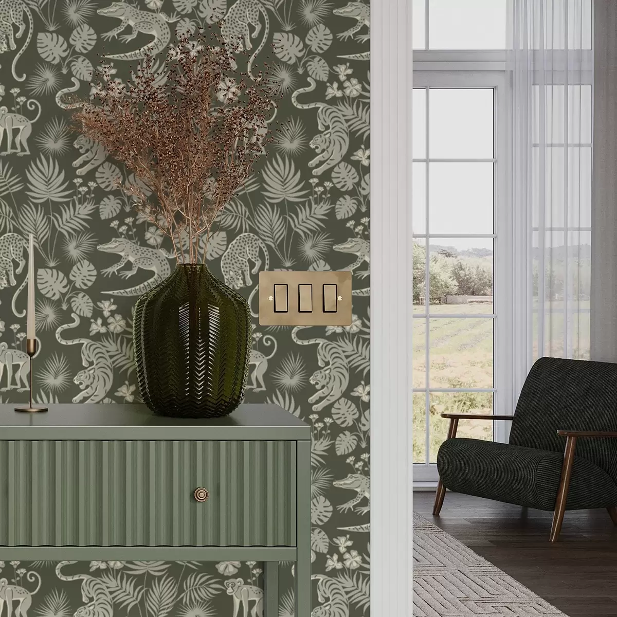 Wallpaper Siluete de animale sălbatice printre frunze tropicale a00404