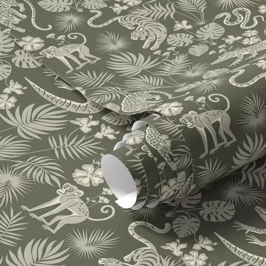 fototapet Siluete de animale sălbatice printre frunze tropicale a00404