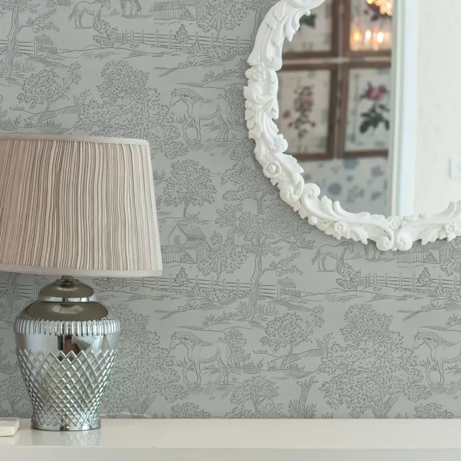 fototapet Peisaj verde monocrom cu cai și căsuțe a00407