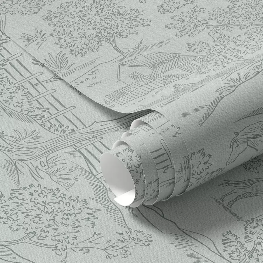 fototapet Peisaj verde monocrom cu cai și căsuțe a00407