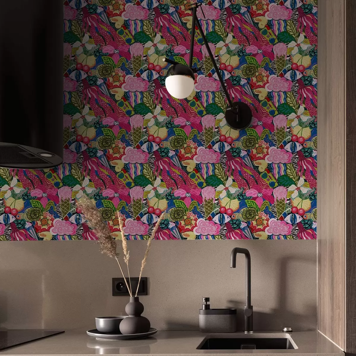 Wallpaper Pop-art abstract cu flori, fructe de pădure și modele a00471