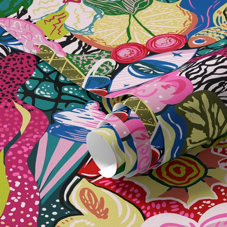 fototapet Pop-art abstract cu flori, fructe de pădure și modele a00471