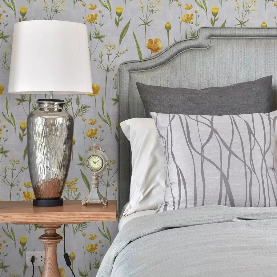 fototapet Flori galbene și verdeață pe un fundal gri deschis a00472