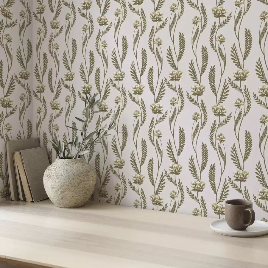 fototapet Ornament vertical cu flori albe pe un fundal roz a00476