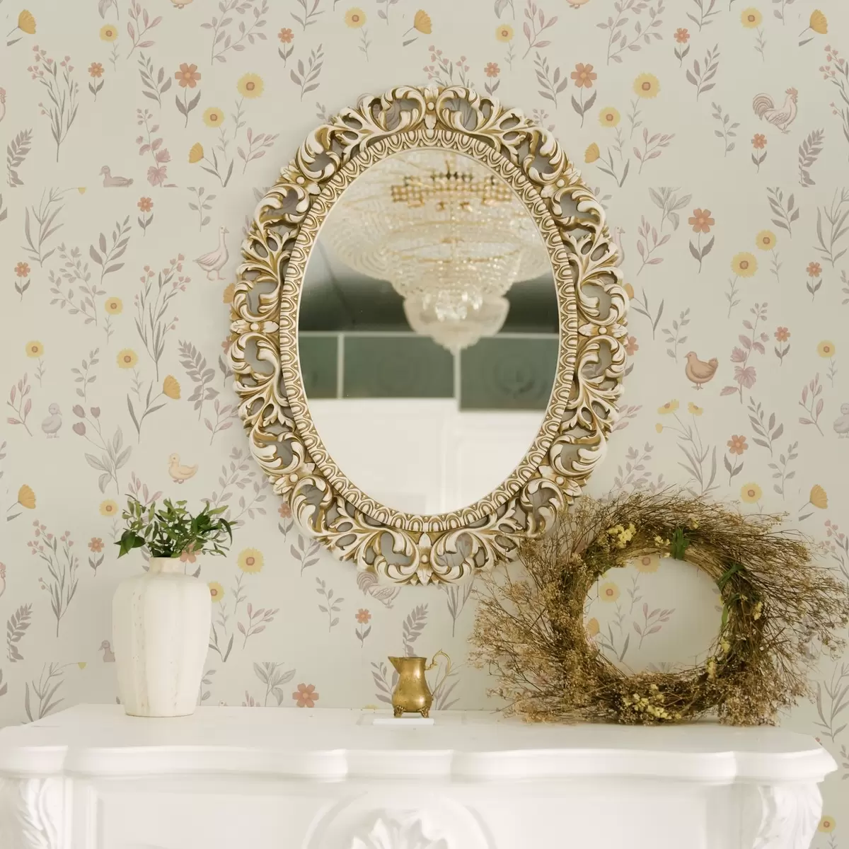 Wallpaper Flori de câmp și găini în tonuri pastelate moi a00478