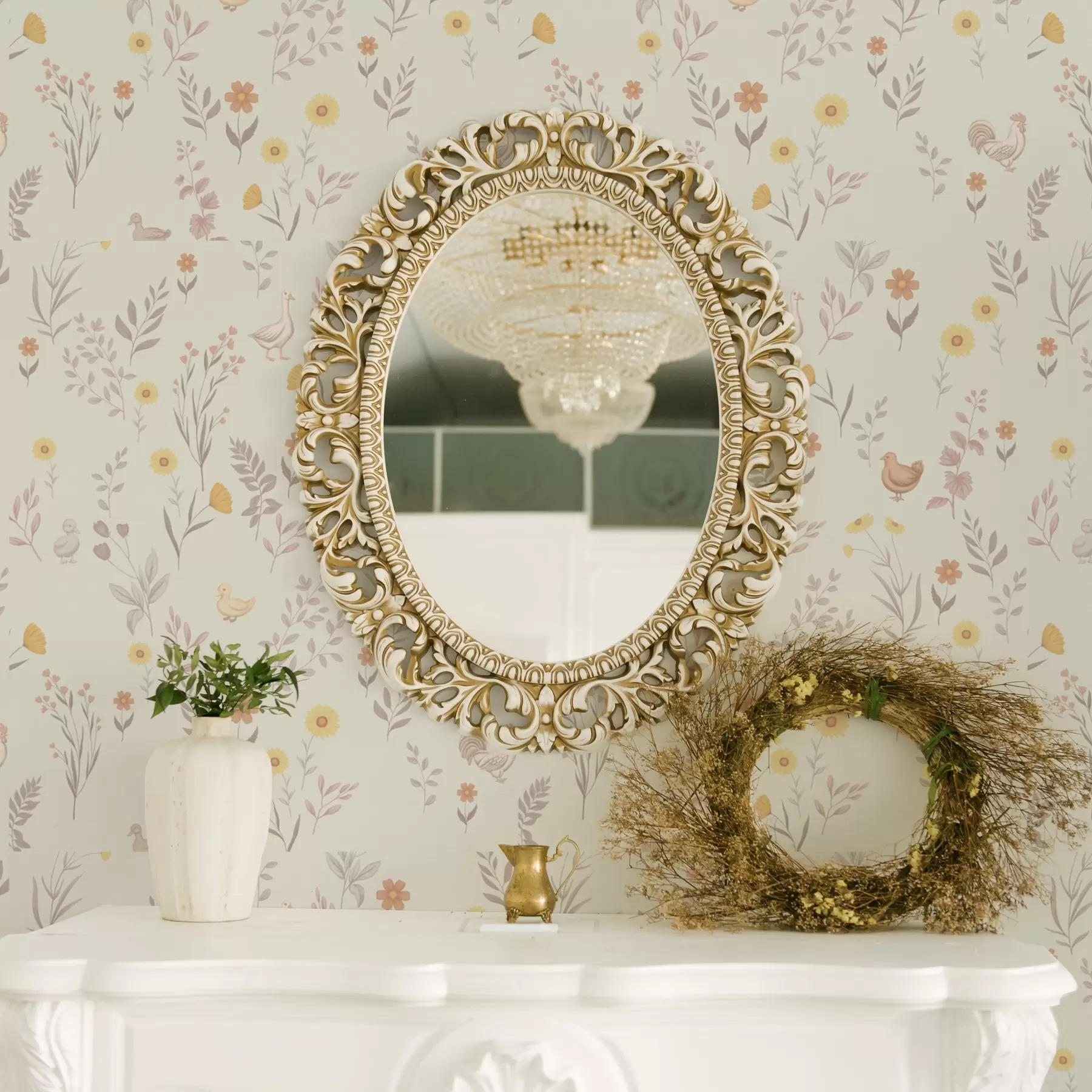 fototapet Flori de câmp și găini în tonuri pastelate moi a00478