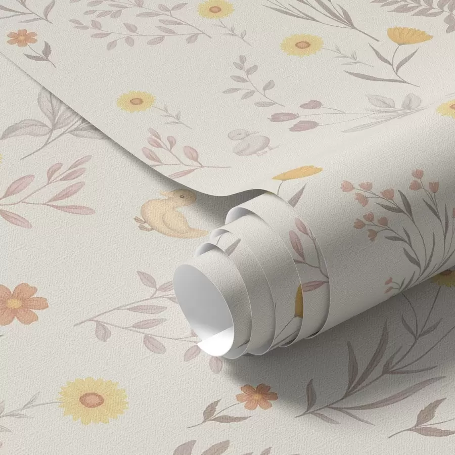 fototapet Flori de câmp și găini în tonuri pastelate moi a00478