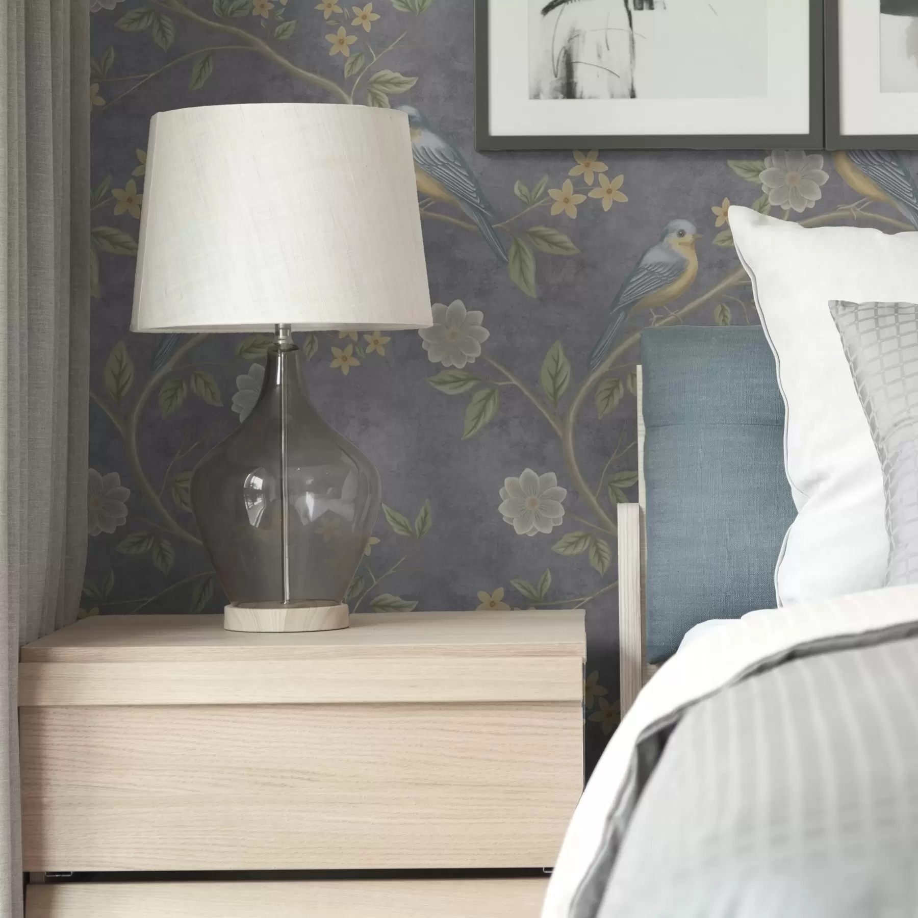 fototapet Păsări pe ramuri printre flori pe un fundal gri a00483