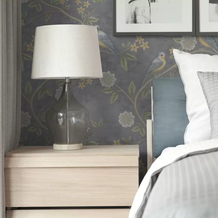 fototapet Păsări pe ramuri printre flori pe un fundal gri a00483