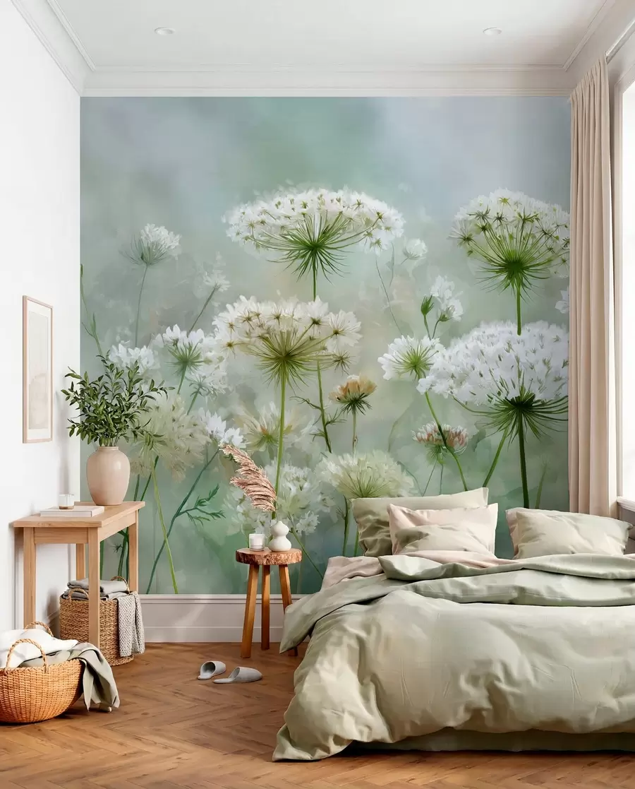 fototapet flori sălbatice albe delicate Regina Anne, într-un stil pitoresc, tonuri verzi w04313