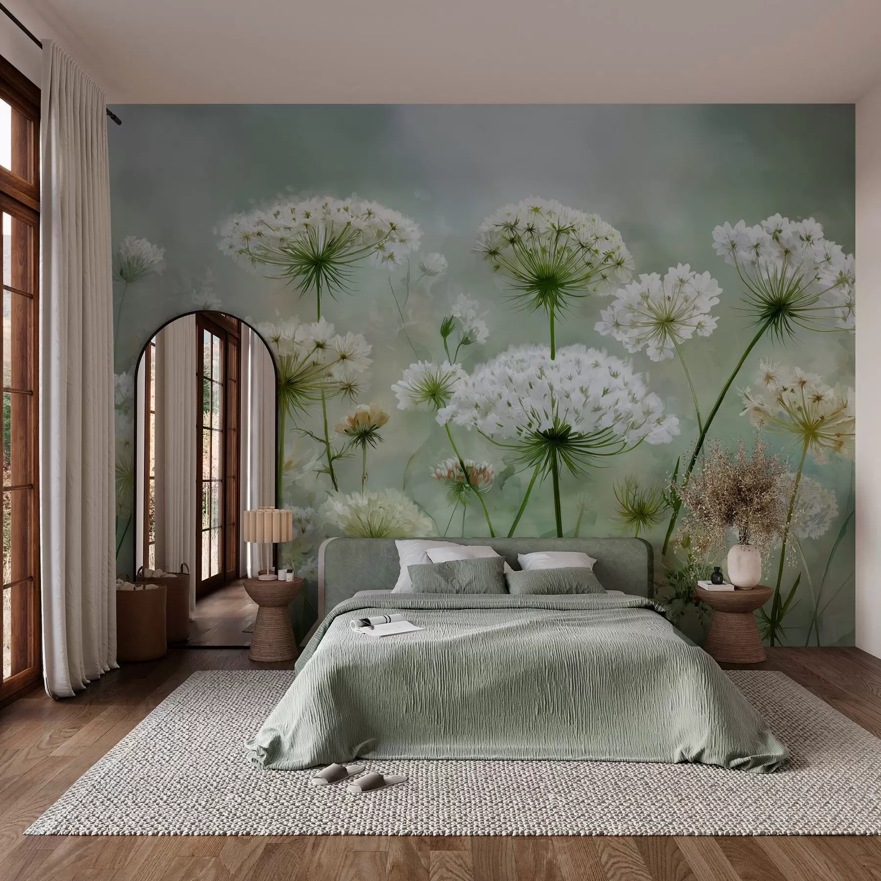 fototapet flori sălbatice albe delicate Regina Anne, într-un stil pitoresc, tonuri verzi w04313