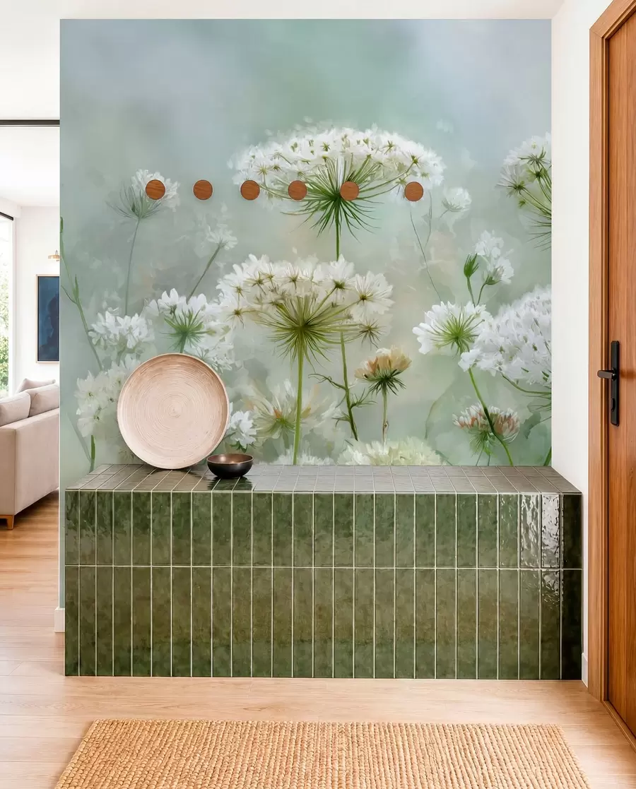 fototapet flori sălbatice albe delicate Regina Anne, într-un stil pitoresc, tonuri verzi w04313