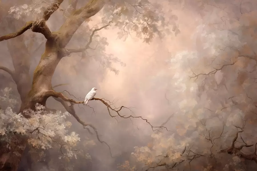 fototapet pădure mistică cu o pasăre albă w04314