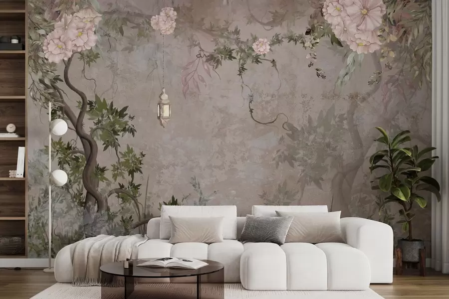 fototapet Grădină de zâne cu flori, copaci și felinar w04416