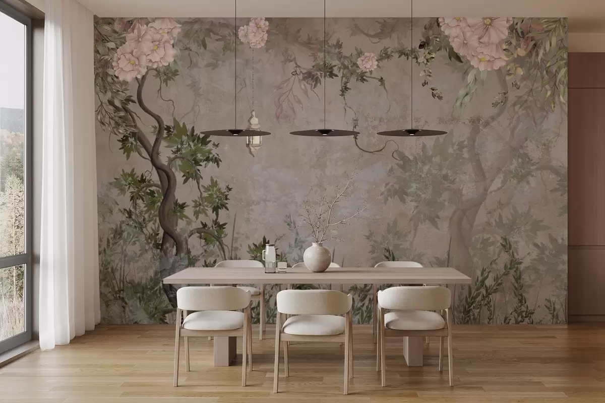 fototapet Grădină de zâne cu flori, copaci și felinar w04416