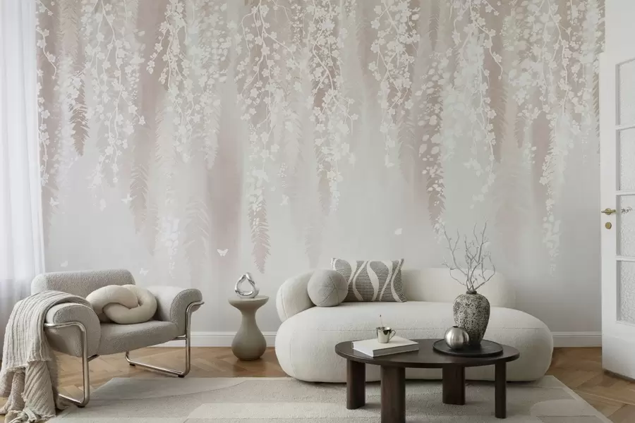 fototapet Ramuri ușoare cu flori albe pe un fundal blând w04417