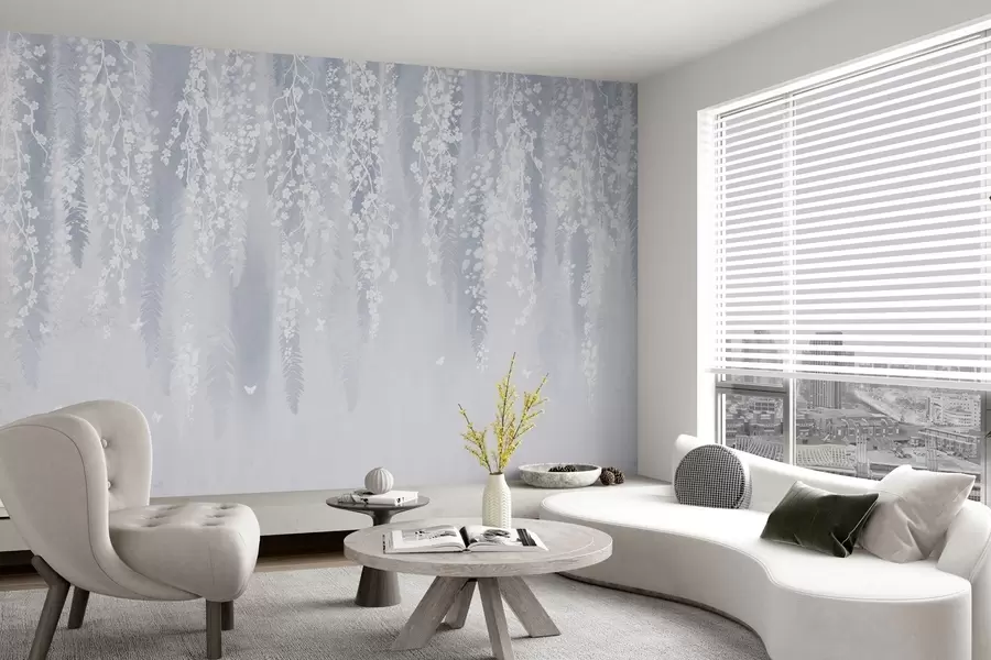 fototapet Versiune albastră rece a ramurilor cu flori albe w04417v2