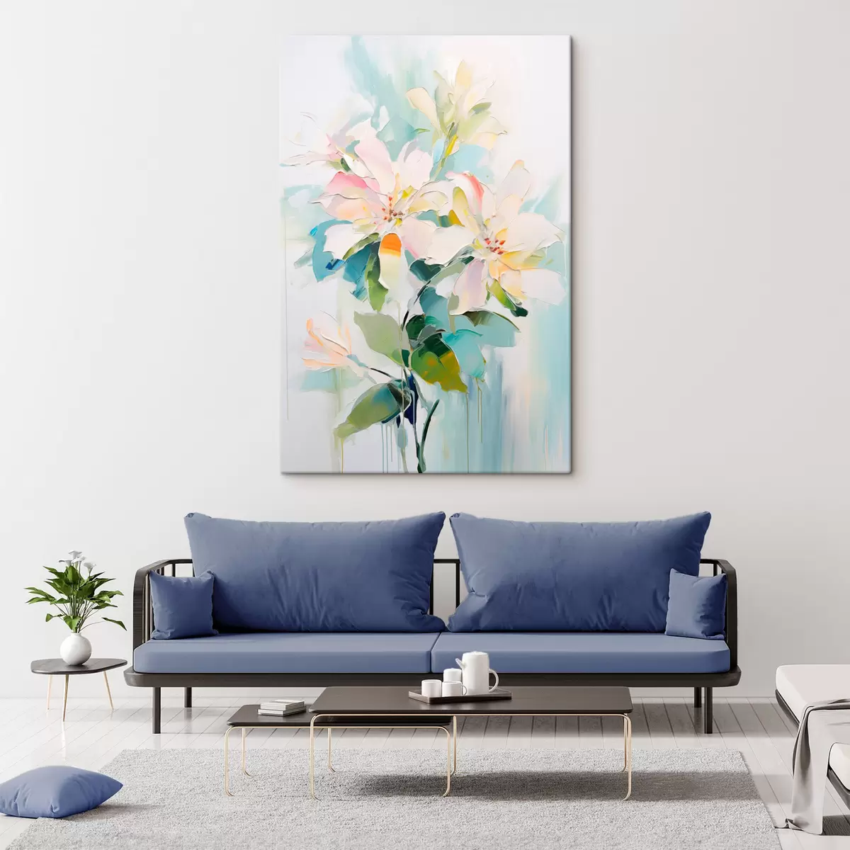 Tablouri Flori cu accente colorate, frunze verzi, moale brushstrokes ulei pictura imitație, fundal albastru deschis s45549