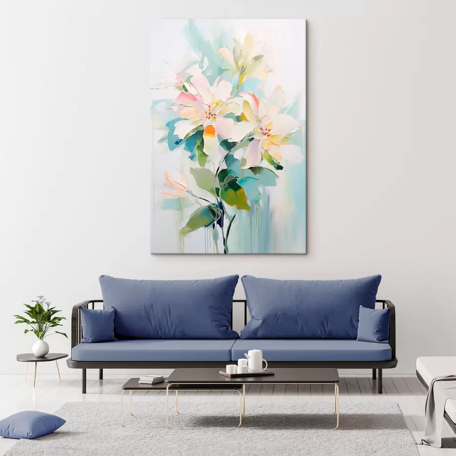 Tablouri Flori cu accente colorate, frunze verzi, moale brushstrokes ulei pictura imitație, fundal albastru deschis s45549