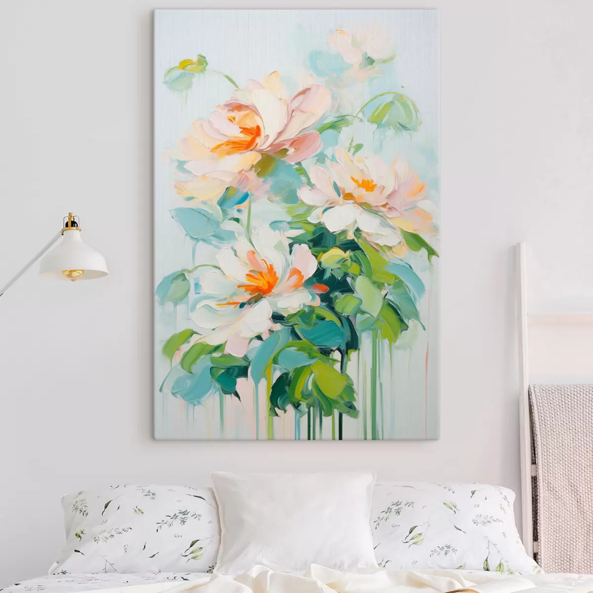 Tablouri Flori de piersici albe și pastelate, frunze verzi, imitație de pictură în ulei cu tușe moi, fundal albastru deschis s45550