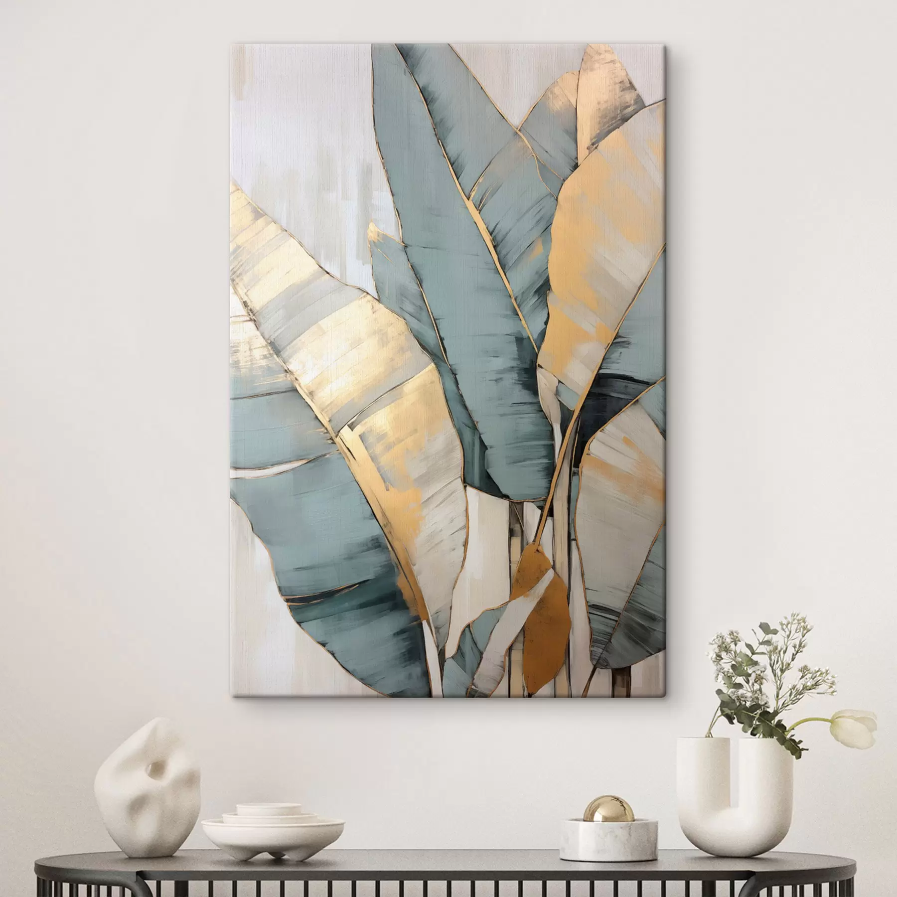 Tablouri Frunze de banane albastre, gri și galbene cu tușe de pensulă vizibile, pe un fundal alb abstract s45552