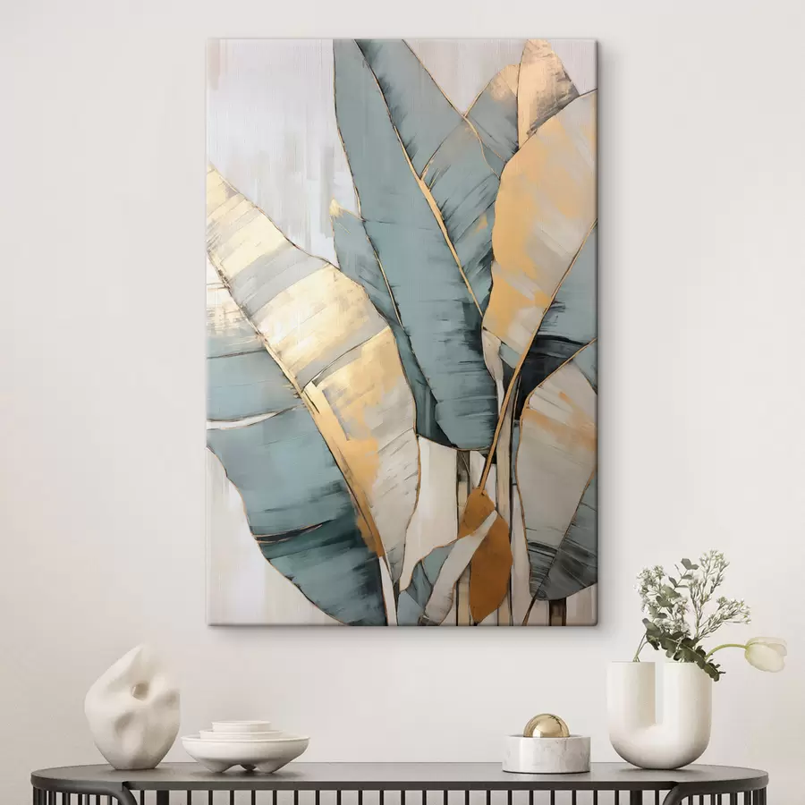 Tablouri Frunze de banane albastre, gri și galbene cu tușe de pensulă vizibile, pe un fundal alb abstract s45552