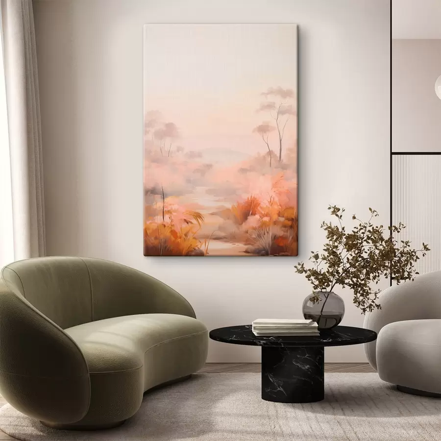 Tablouri Un peisaj cu tufișuri și copaci în nuanțe de roz , portocaliu , și maro , cu munți în fundal s45553