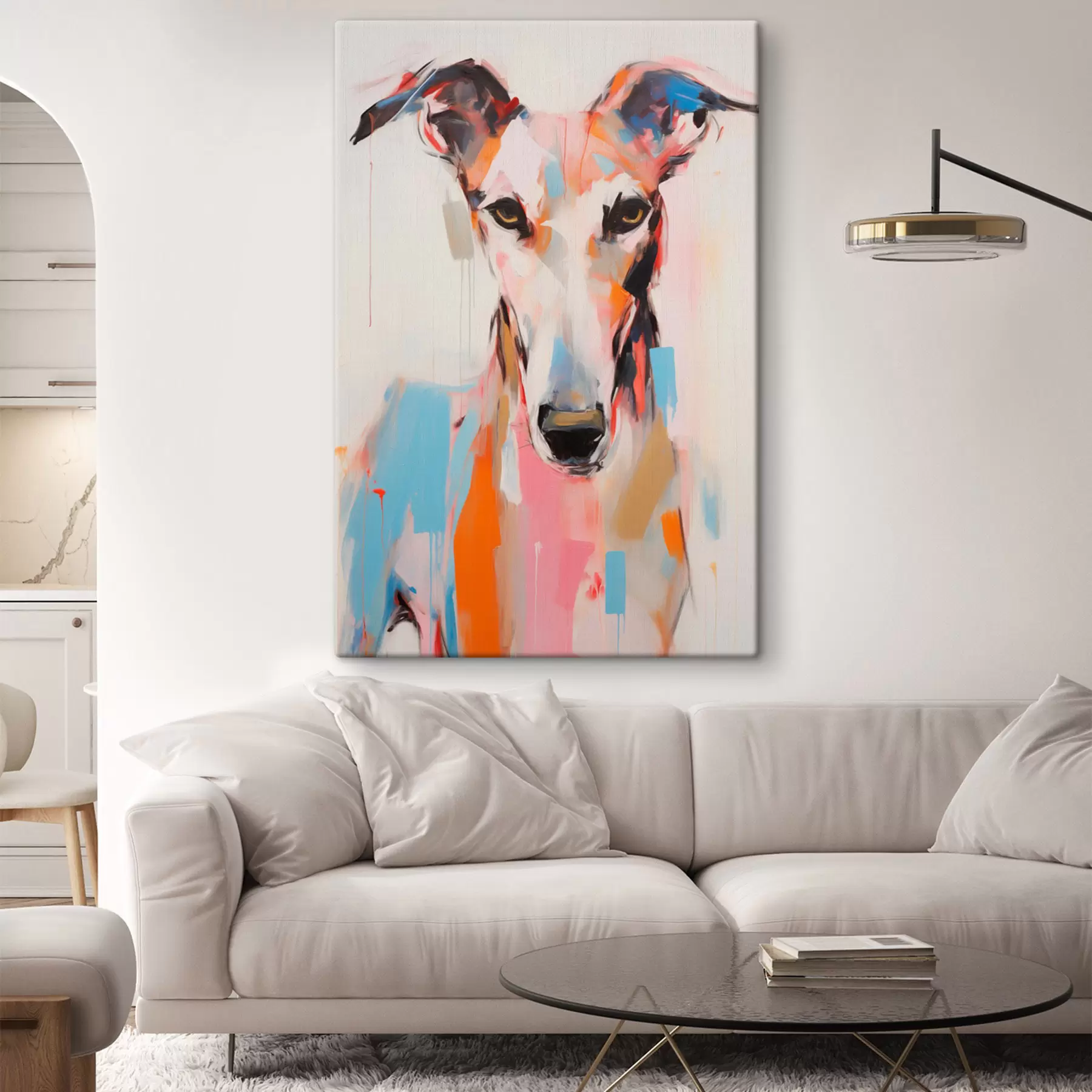 Tablouri Un câine greyhound, pictat cu culori vibrante precum portocaliu, roz și albastru, pe un fundal alb simplu s45565