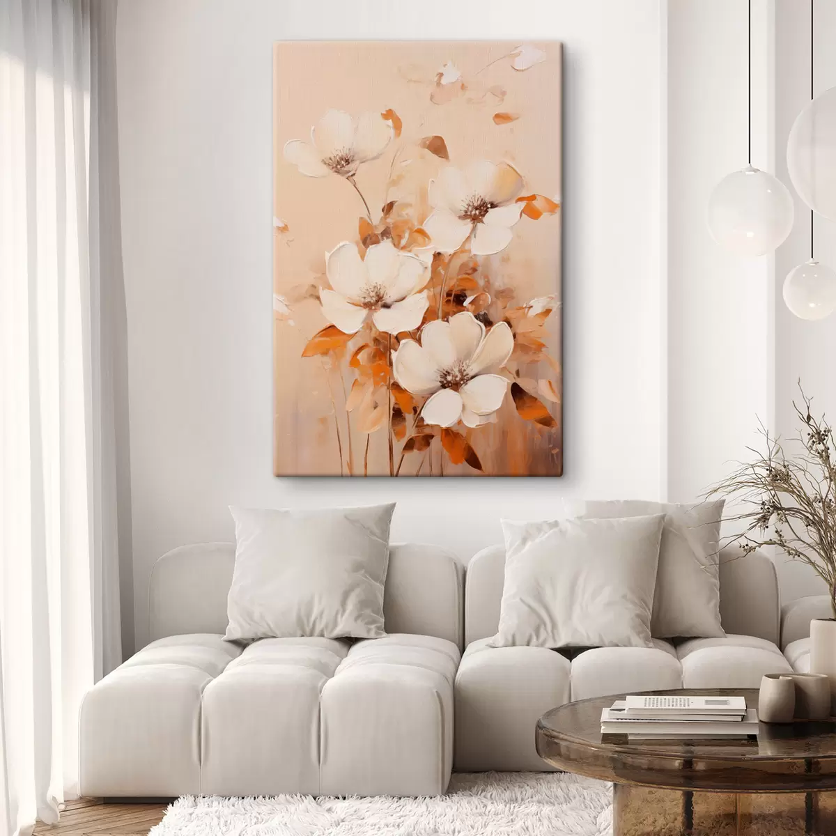 Tablouri Flori albe cu frunze portocalii, tușe delicate, paletă de culori calde, compoziție elegantă s45573