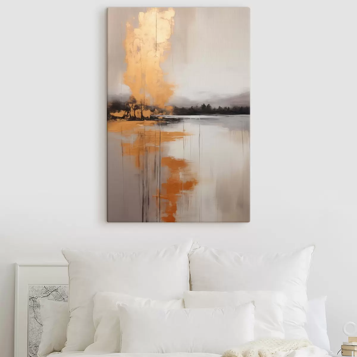 Tablouri Un peisaj abstract cu un lac, copac și ceață galbenă , apa reflectă și cerul înnorat s45575