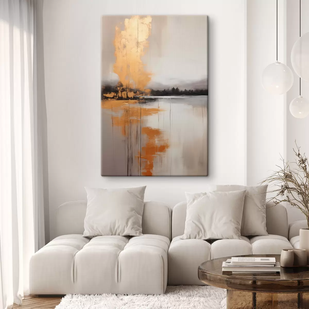 Tablouri Un peisaj abstract cu un lac, copac și ceață galbenă , apa reflectă și cerul înnorat s45575