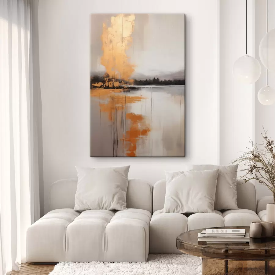 Tablouri Un peisaj abstract cu un lac, copac și ceață galbenă , apa reflectă și cerul înnorat s45575