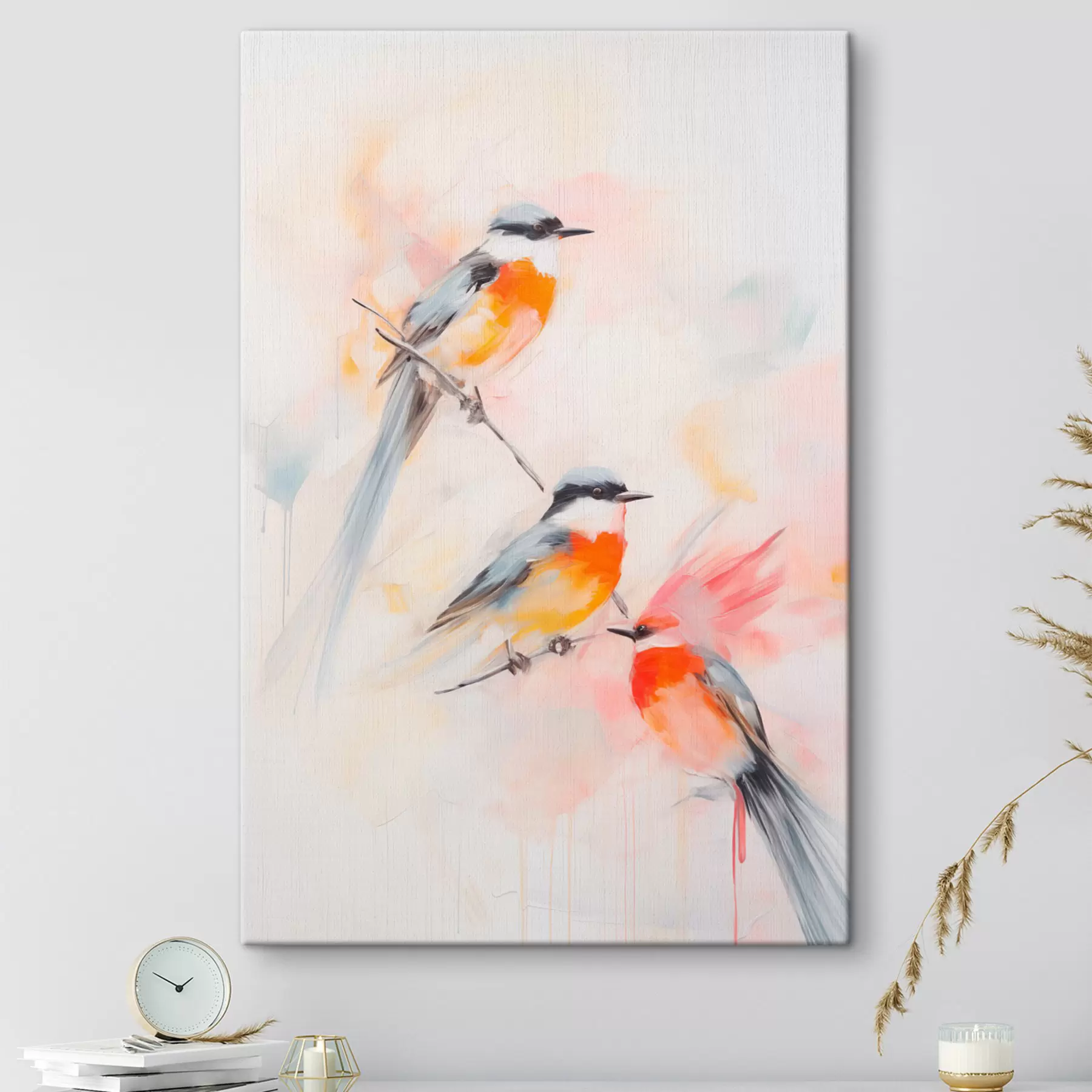 Tablouri Păsări cocoțate pe ramuri, culori pastelate moi, fundal deschis cu nuanțe de roz și alb s45577