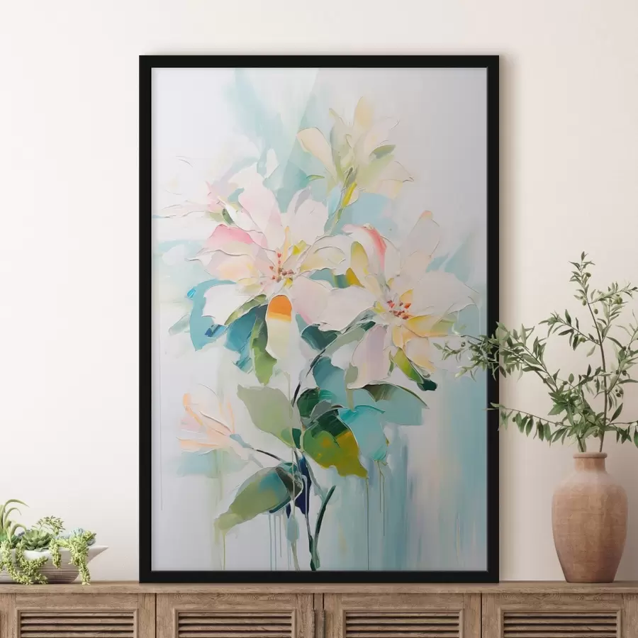 fototapet Flori cu accente colorate, frunze verzi, moale brushstrokes ulei pictura imitație, fundal albastru deschis f45549