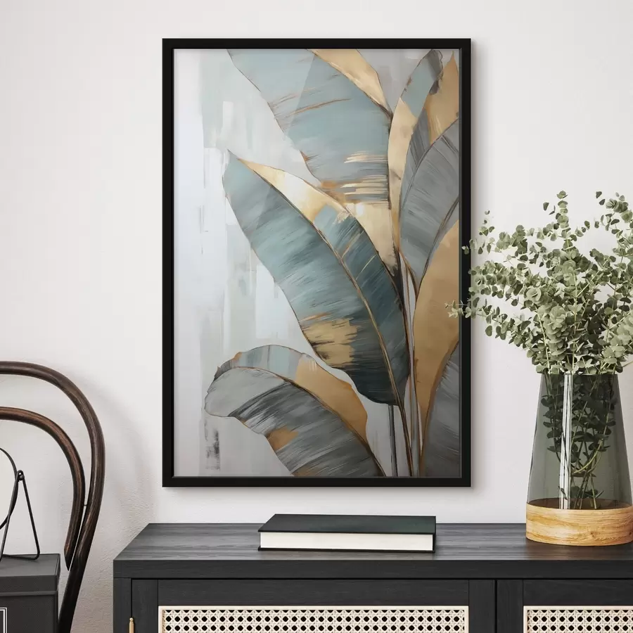 fototapet Un set de frunze de banane albastre, gri și galbene cu tușe de pensulă vizibile, pe un fundal abstract alb f45551