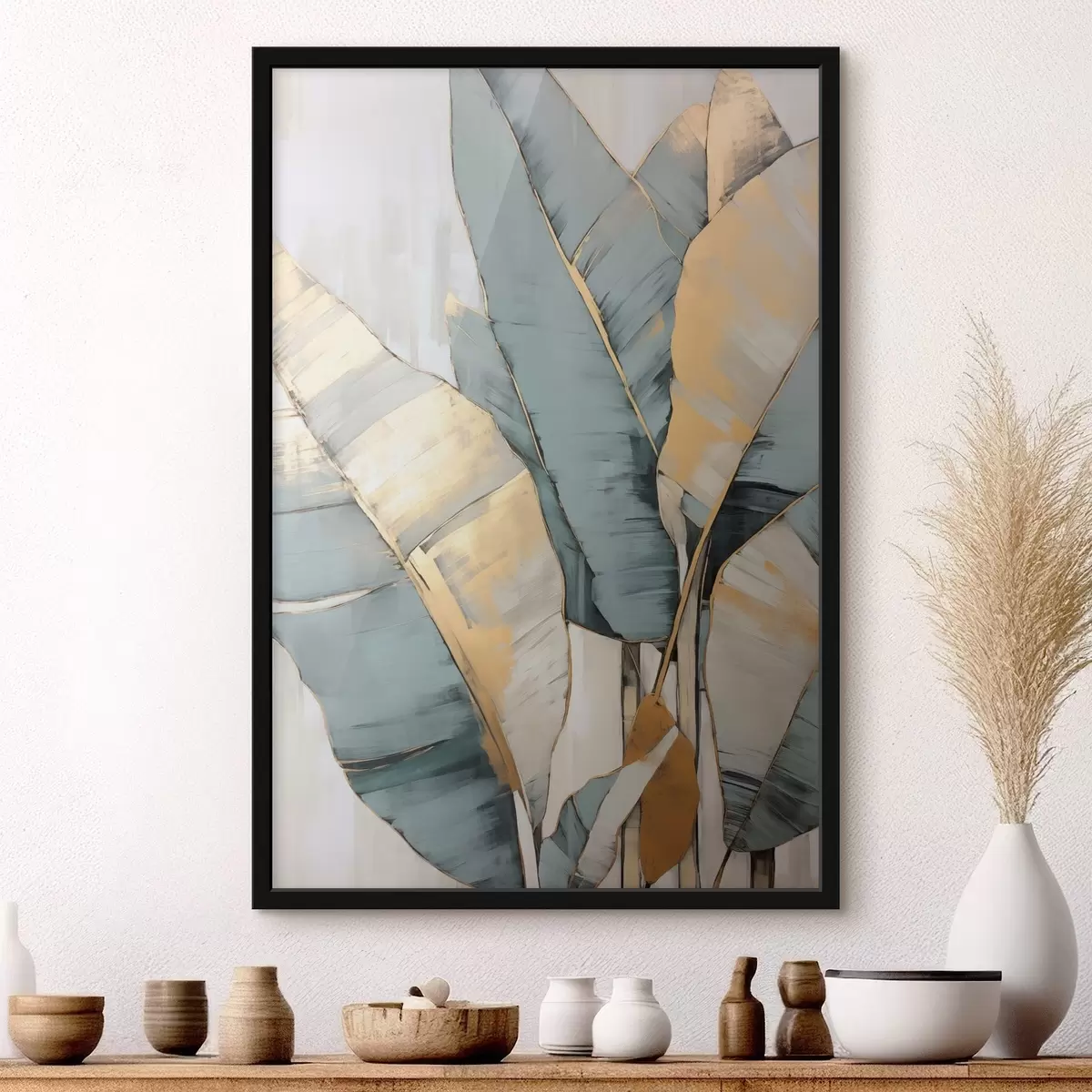 Poster Frunze de banane albastre, gri și galbene cu tușe de pensulă vizibile, pe un fundal alb abstract f45552