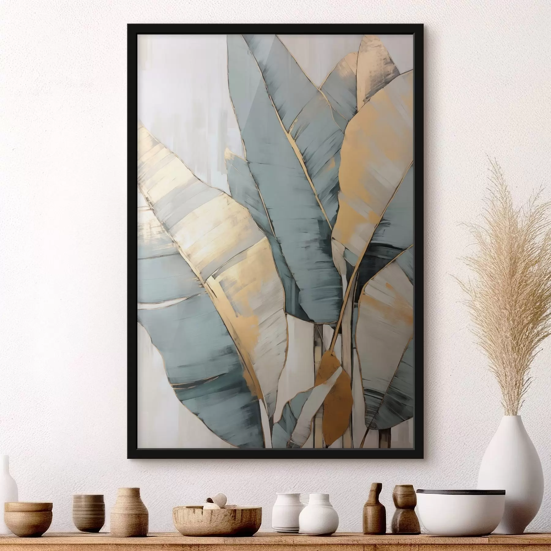 fototapet Frunze de banane albastre, gri și galbene cu tușe de pensulă vizibile, pe un fundal alb abstract f45552