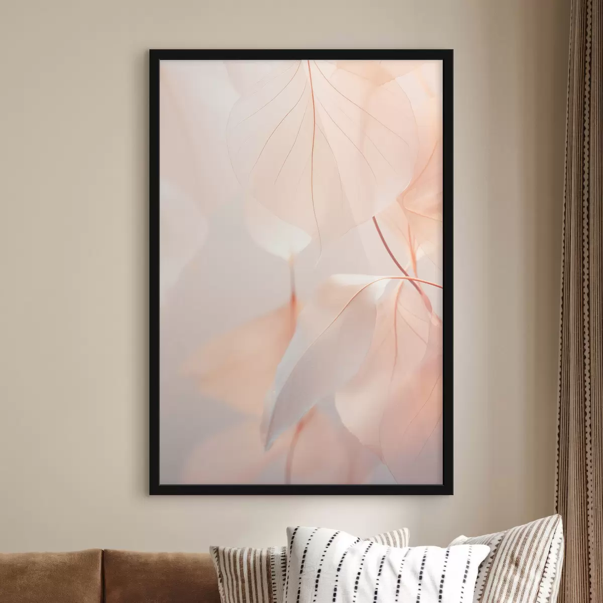 Poster Close-up de frunze translucide cu vene delicate, paleta de culori piersică moale și alb, fundal neclar f45556