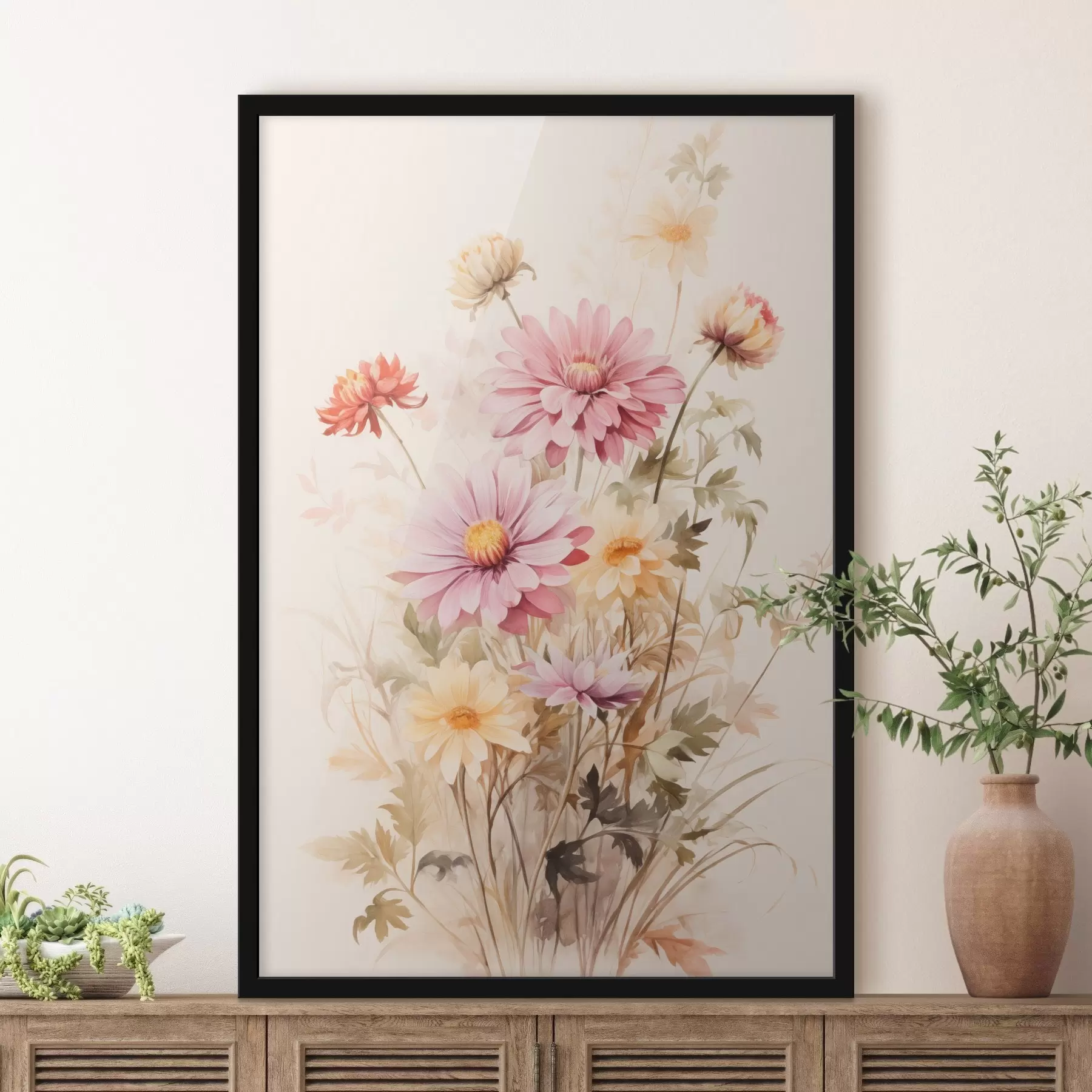 fototapet Un buchet de flori colorate, stil acuarelă moale, pe un fundal ușor, ilustrație botanică f45560