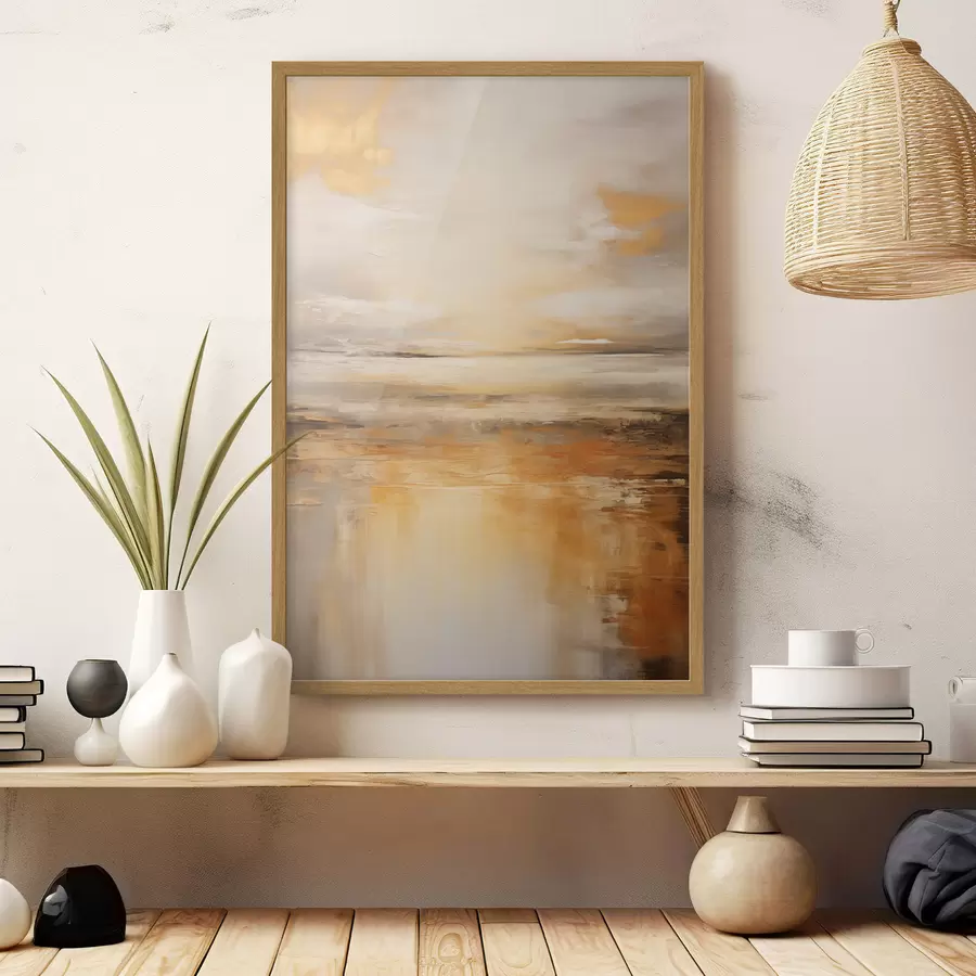 fototapet O pictură abstractă a unui peisaj de plajă cu un ocean calm, nisip portocaliu și un cer noros cu soare f45567