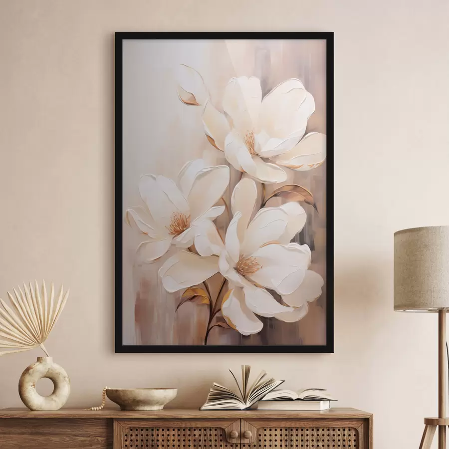 fototapet Flori albe de magnolie pe un fundal blând, estompat de tonuri bej și maro, compoziție florală elegantă f45571
