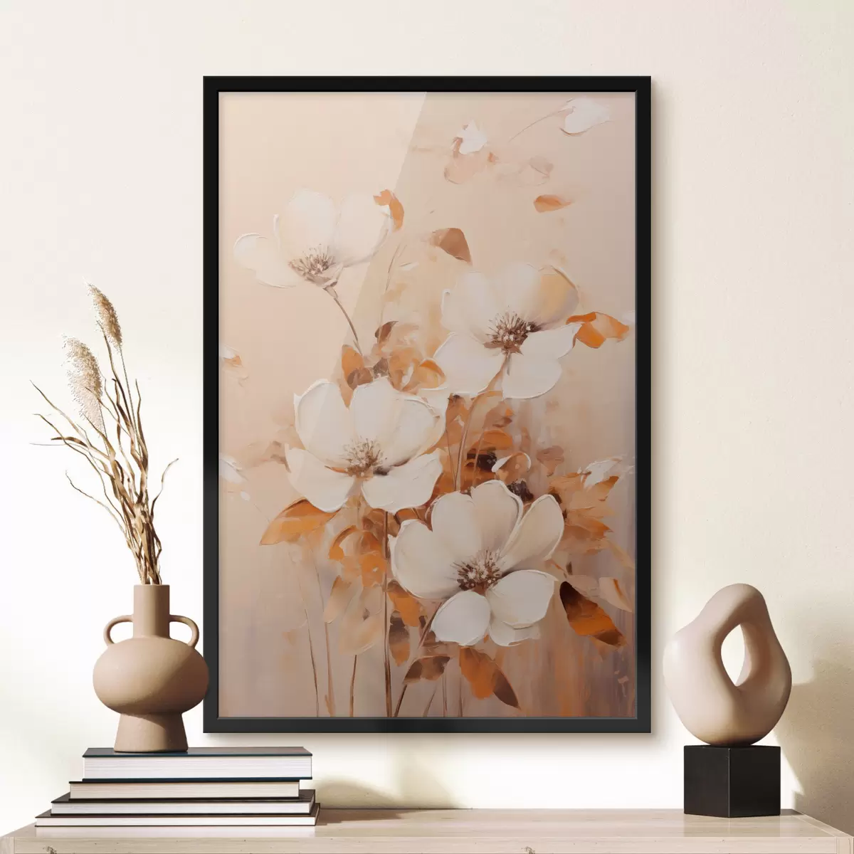 Poster Flori albe cu frunze portocalii, tușe delicate, paletă de culori calde, compoziție elegantă f45573