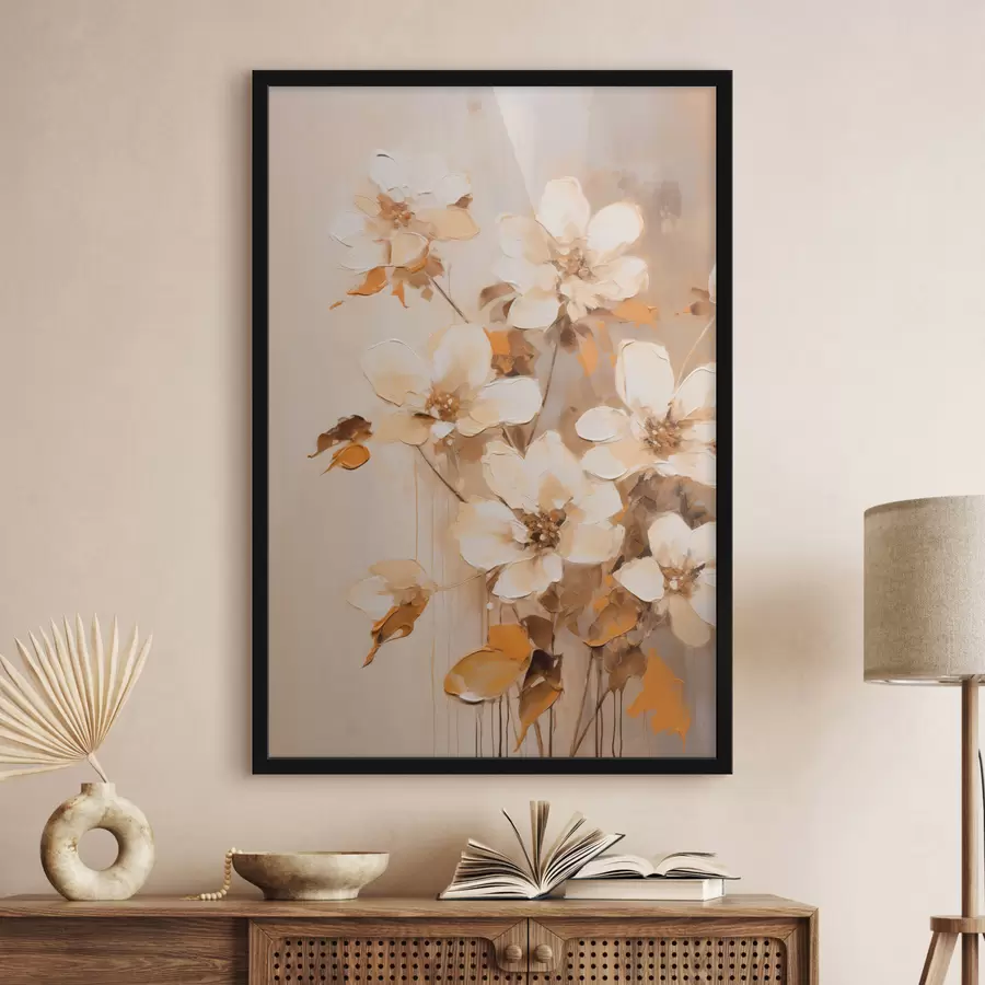 fototapet Flori albe cu frunze portocalii, tușe delicate, aranjament floral, artă botanică f45574