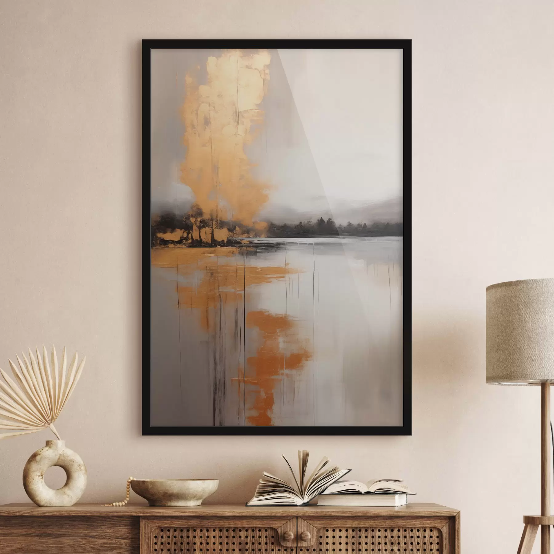 fototapet Un peisaj abstract cu un lac, copac și ceață galbenă , apa reflectă și cerul înnorat f45575