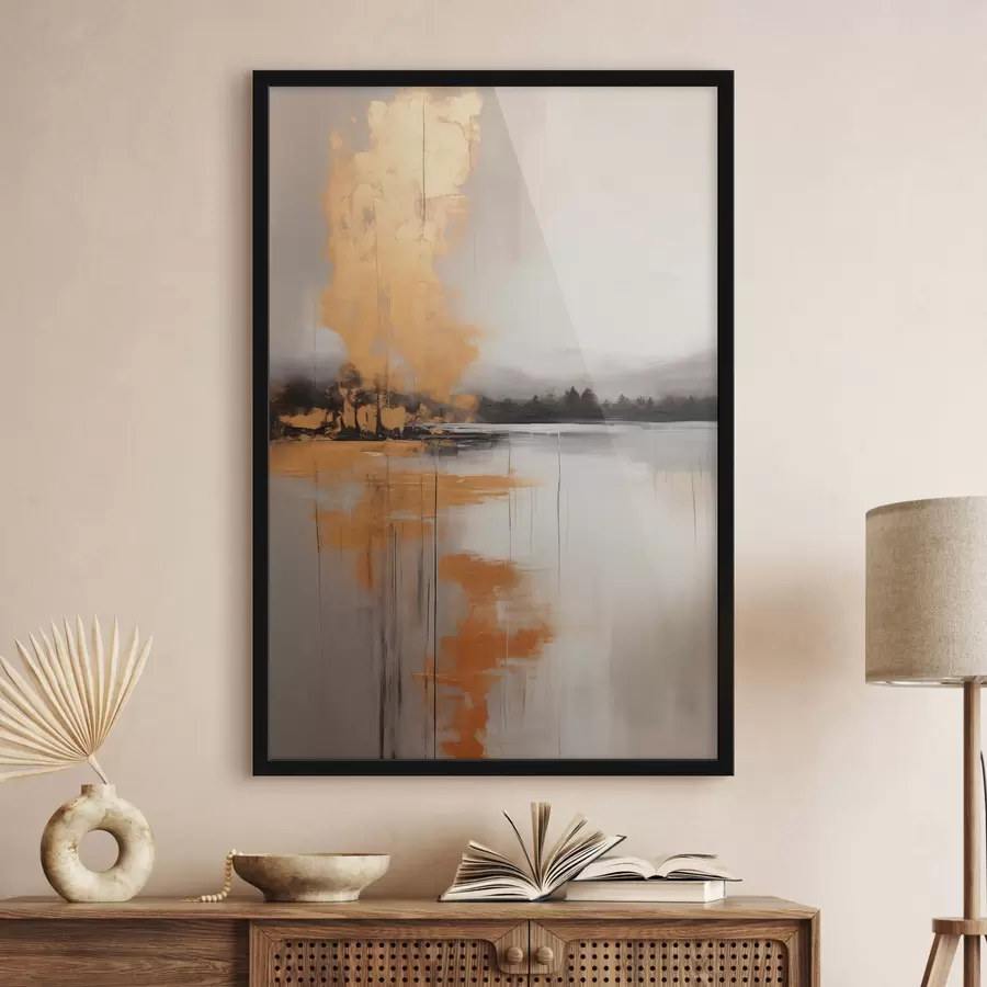 fototapet Un peisaj abstract cu un lac, copac și ceață galbenă , apa reflectă și cerul înnorat f45575